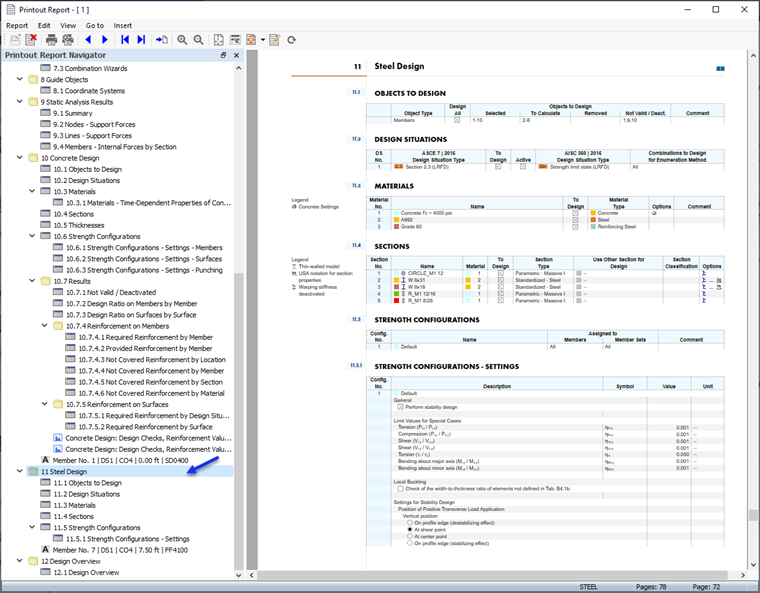 "Steel Design" Data in Printout Report