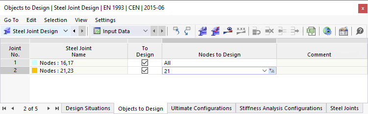 Table "Objects to Design" for Steel Joint Design