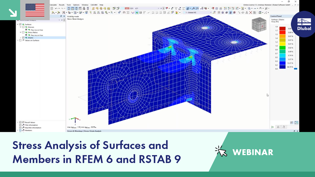 Webinar showcasing stress analysis techniques in RFEM 6 and RSTAB 9 for structural engineering optimization.