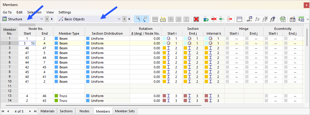 Tables for Category "Structure" and Subcategory "Basic Objects"