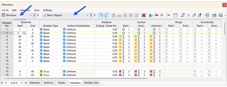 Tables for Category "Structure" and Subcategory "Basic Objects"