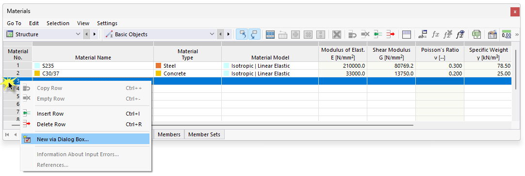 Shortcut Menu in Table