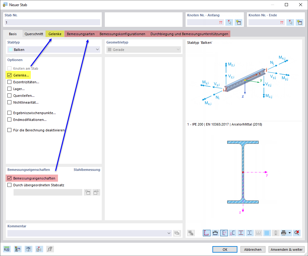 Input Dialog Box "New Member" with Tabs for Hinge and Design Properties