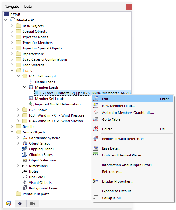 Shortcut Menu of Member Load