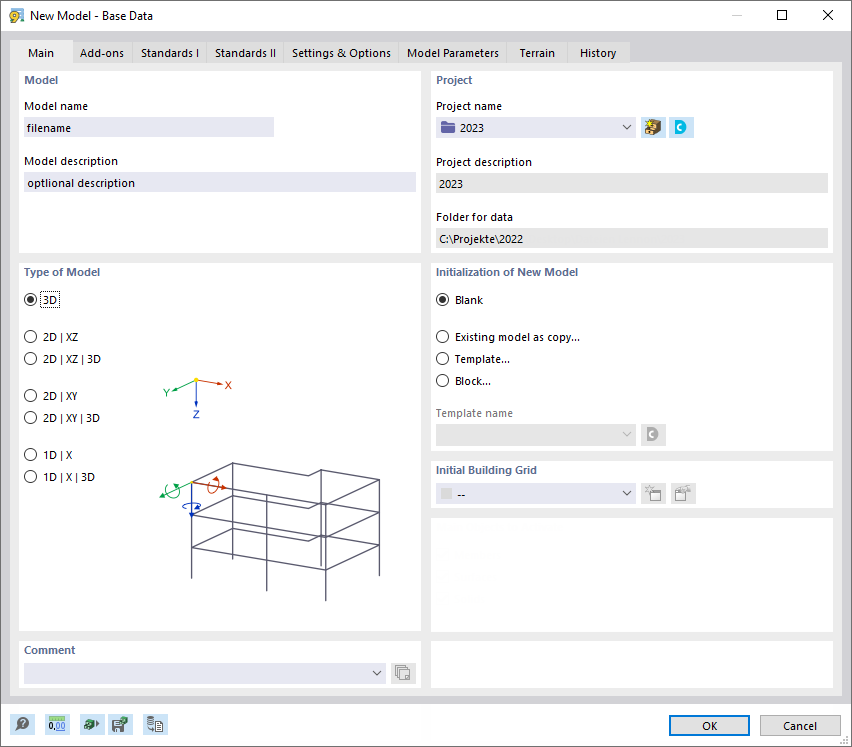 Dialog box "New Model – Base Data", tab "Main"
