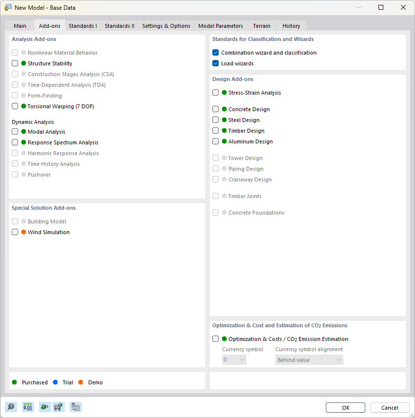 Tab "Add-ons" in Dialog Box "New Model - Base Data"