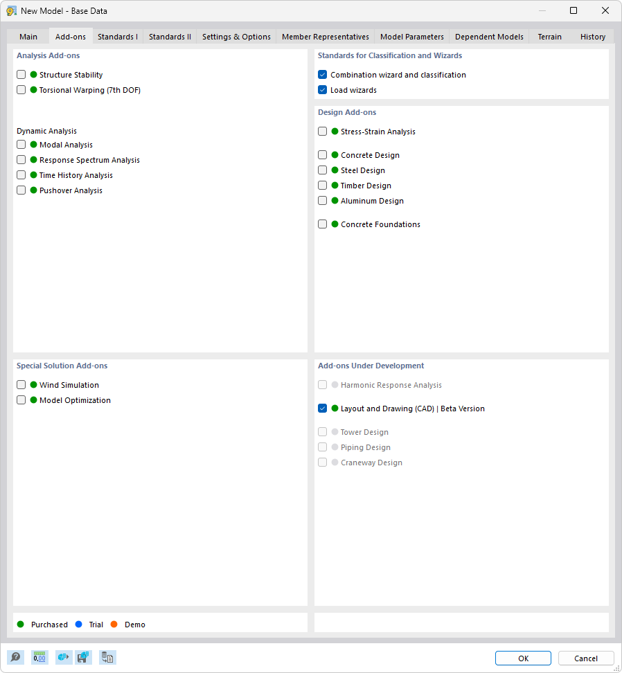 Dialog Box "New Model – Base Data", Tab "Add-ons"