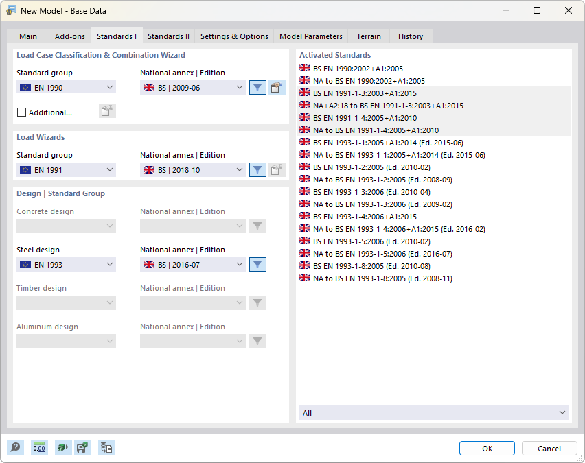 Dialog Box "New Model – Base Data" Tab "Standards I"