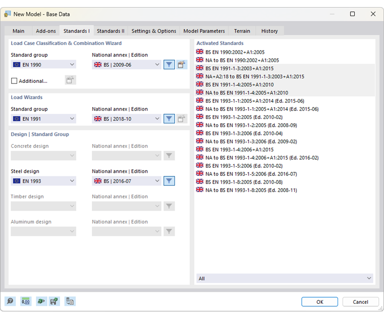 Dialog Box "New Model – Base Data" Tab "Standards I"