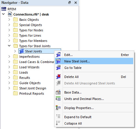 Shortcut Menu for "Steel Joints"