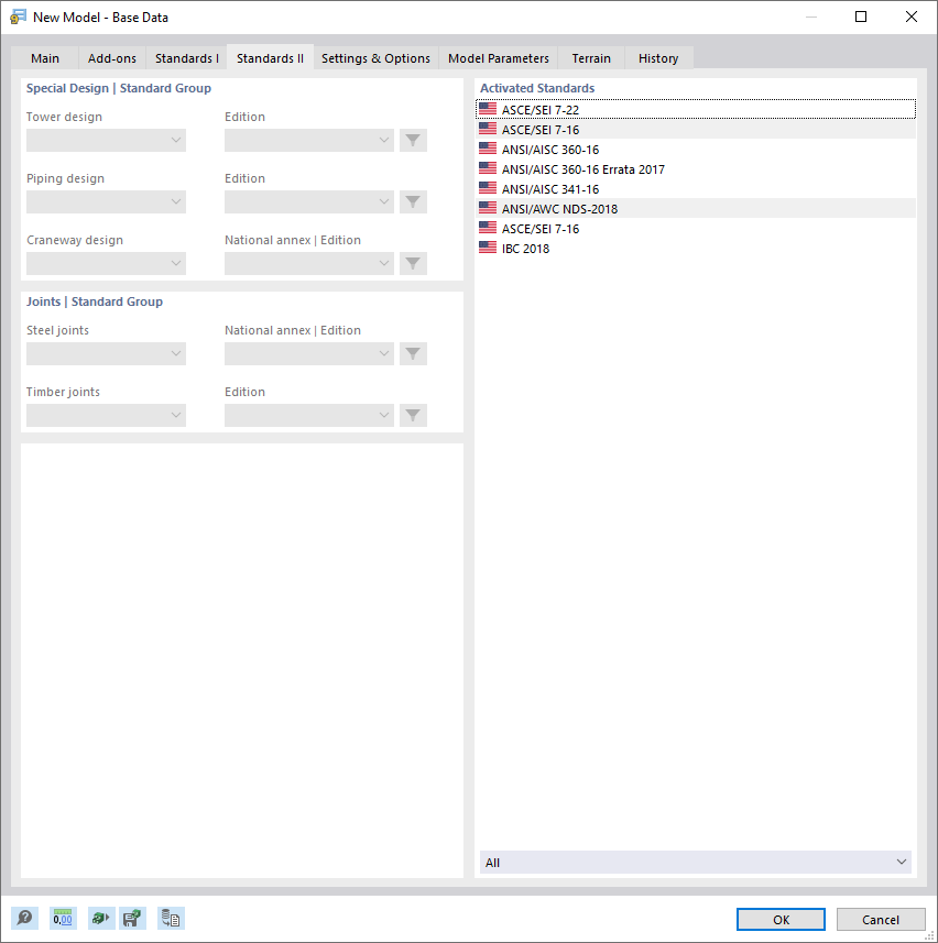 Dialog Box "New Model - Base Data", Tab "Standards II"