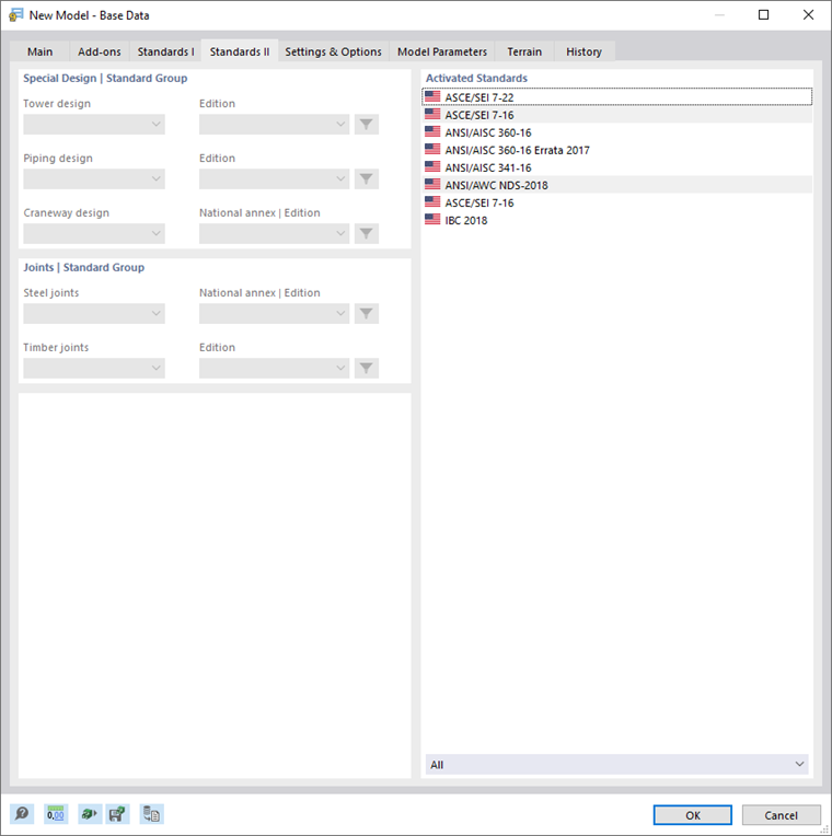 Dialog Box "New Model - Base Data", Tab "Standards II"