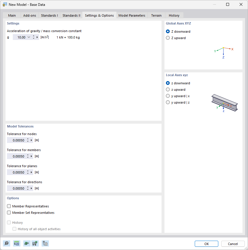 Dialog Box "New Model - Base Data", Tab "Settings & Options"