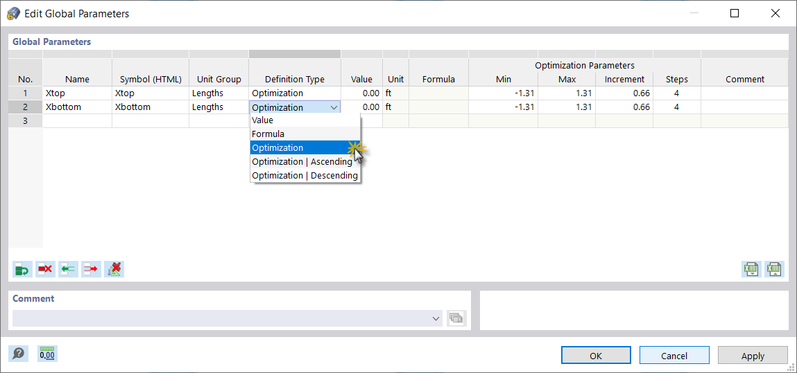 Global Parameters of Definition Type "Optimization"