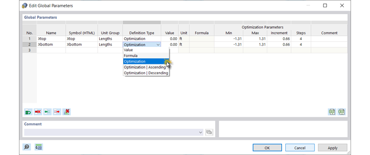 Global Parameters of Definition Type "Optimization"