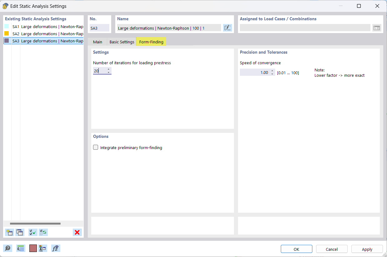 Static Analysis Settings, Tab Form-Finding
