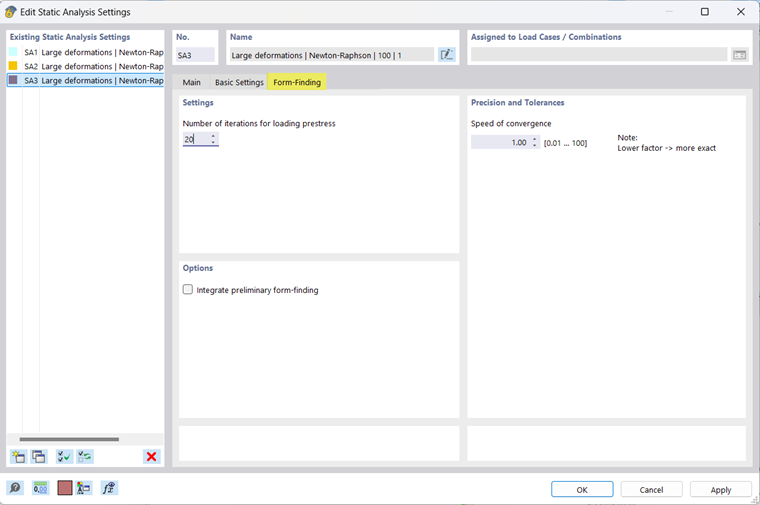 Static Analysis Settings, Tab Form-Finding