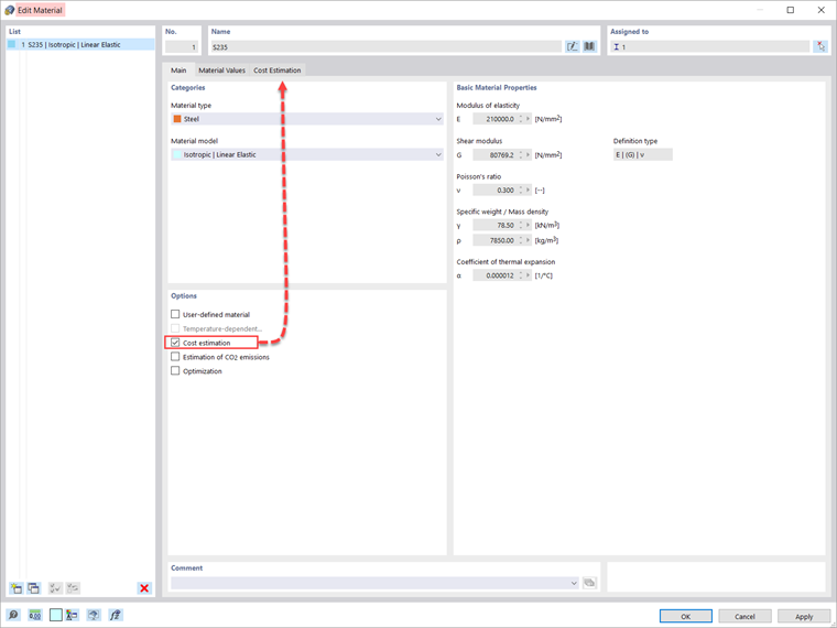 Cost Estimation Option in Material Definition