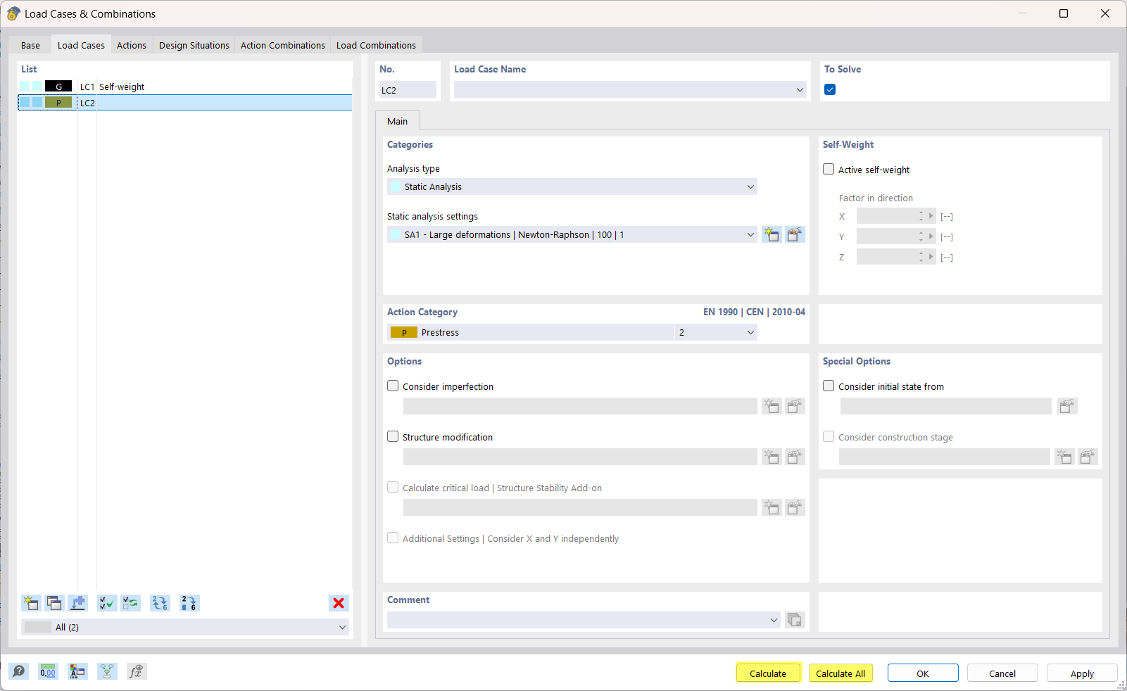 Dialog Box "Load Cases and Combinations" – Starting Calculation