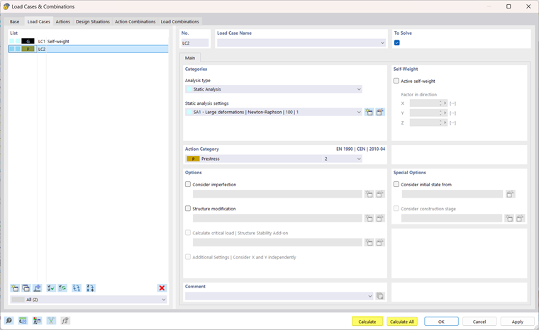 Dialog Box "Load Cases and Combinations" – Starting Calculation