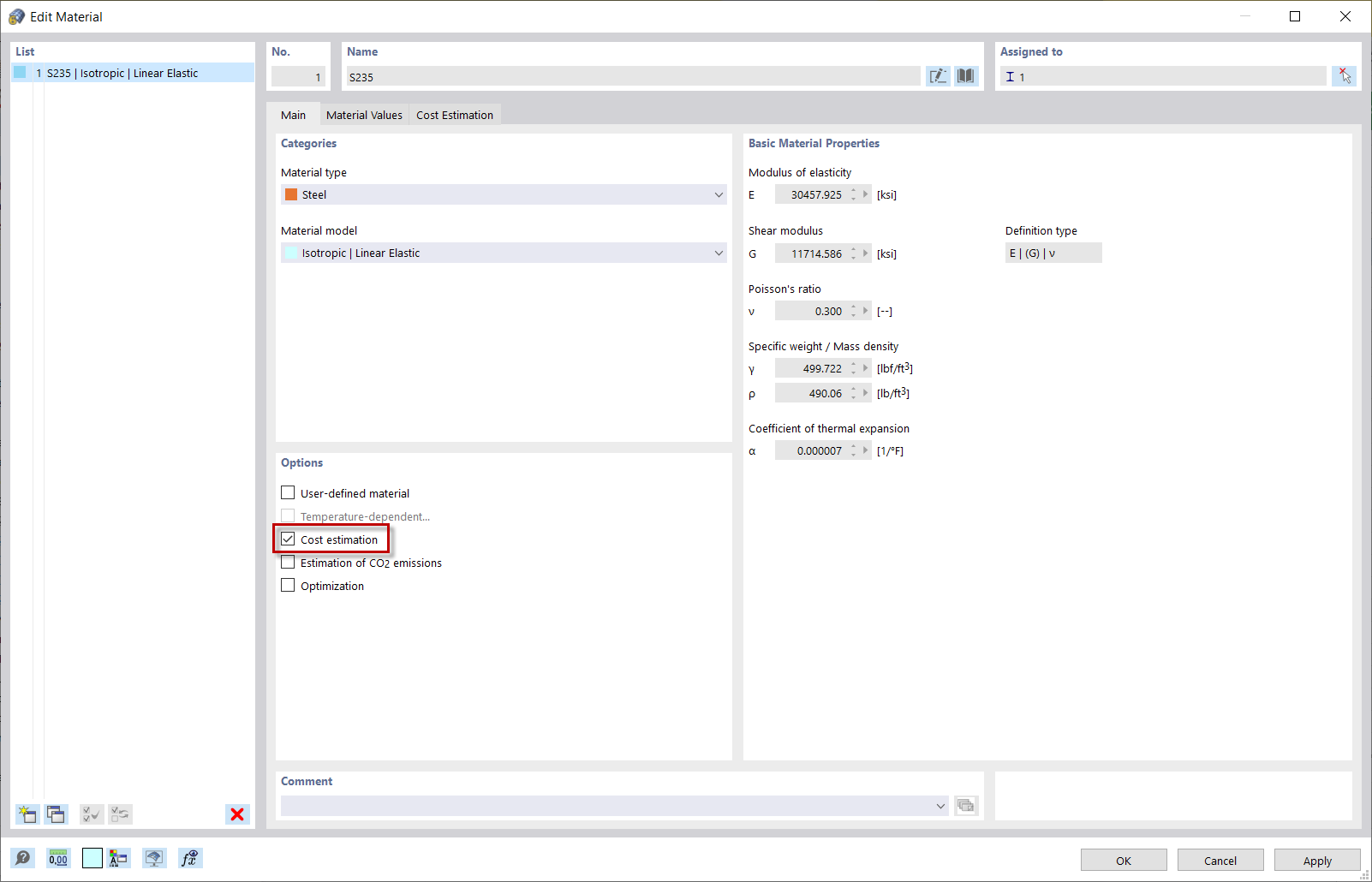 Activating Option "Cost Estimation"