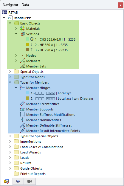 Basic Objects (Green) and Basic Object Types (Blue) in Navigator