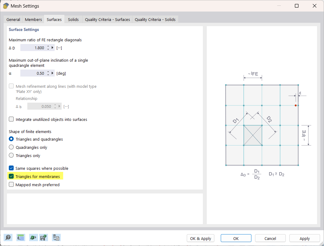 Dialog Box "Mesh Settings", Tab "Surfaces"