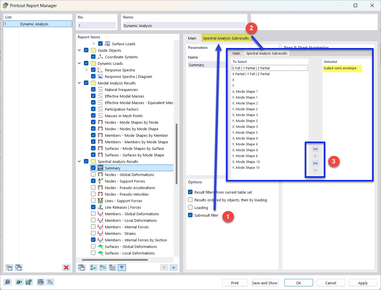 Selecting Partial Results of Spectral Analysis for Printout Report