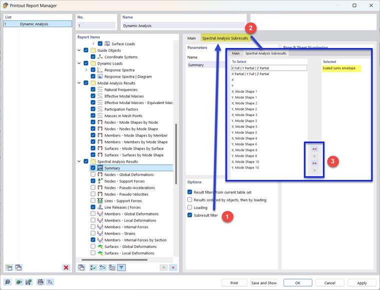 Selecting Partial Results of Spectral Analysis for Printout Report