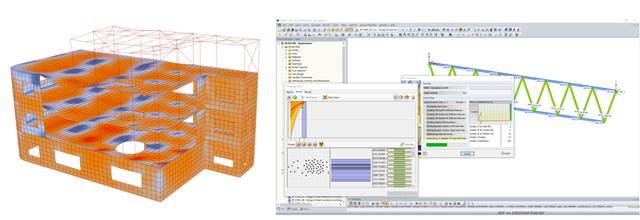 (a) shell stresses displayed in the Rhino viewport and (b) the evolutionary solver Galapagos being used for the geometric and cross-sectional optimization of a truss structure in RFEM (© Diego APELLÁNIZ)