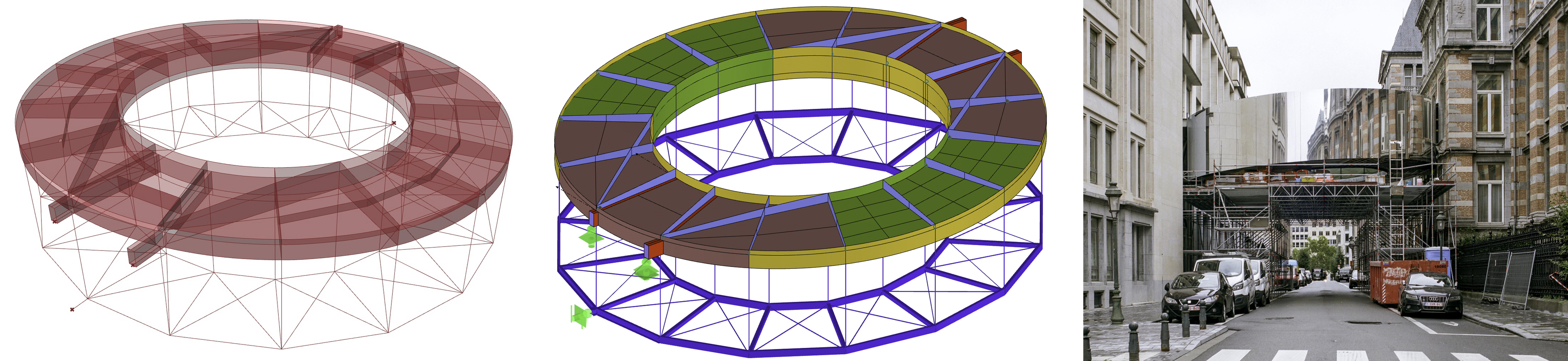 Grasshopper 3D model and RFEM calculation model of the Tondo Bridge @ Bollinger+Grohmann along with a picture after completion (© Diego APELLÁNIZ)