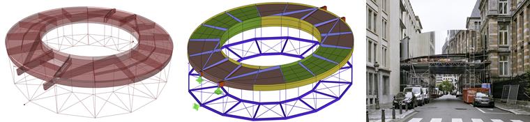 Grasshopper 3D model and RFEM calculation model of the Tondo Bridge @ Bollinger+Grohmann along with a picture after completion (© Diego APELLÁNIZ)