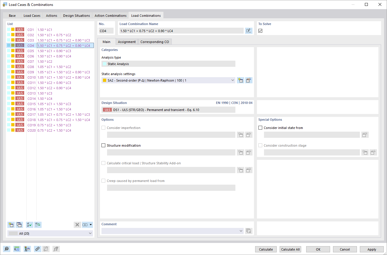 Dialog Box "Load Cases and Combinations", Tab "Load Combinations"
