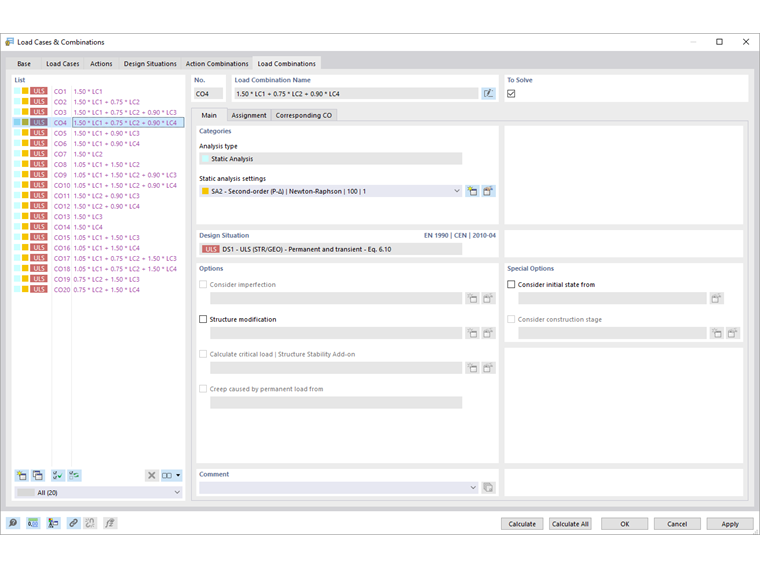 Dialog Box "Load Cases and Combinations", Tab "Load Combinations"