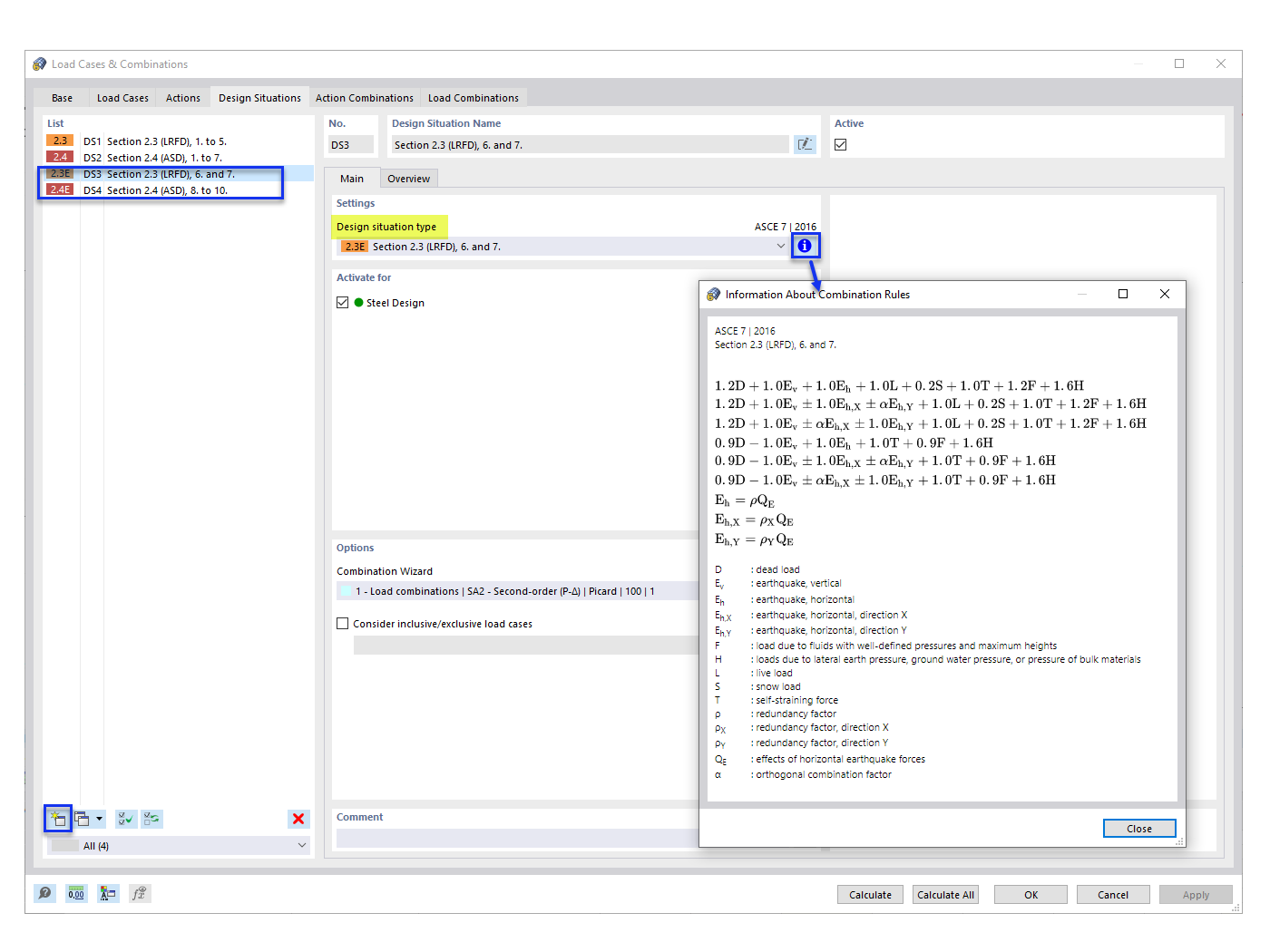 FAQ 005315 | I do not see the seismic load cases in my generated ASCE 7 load combinations (COs). How do I add them?