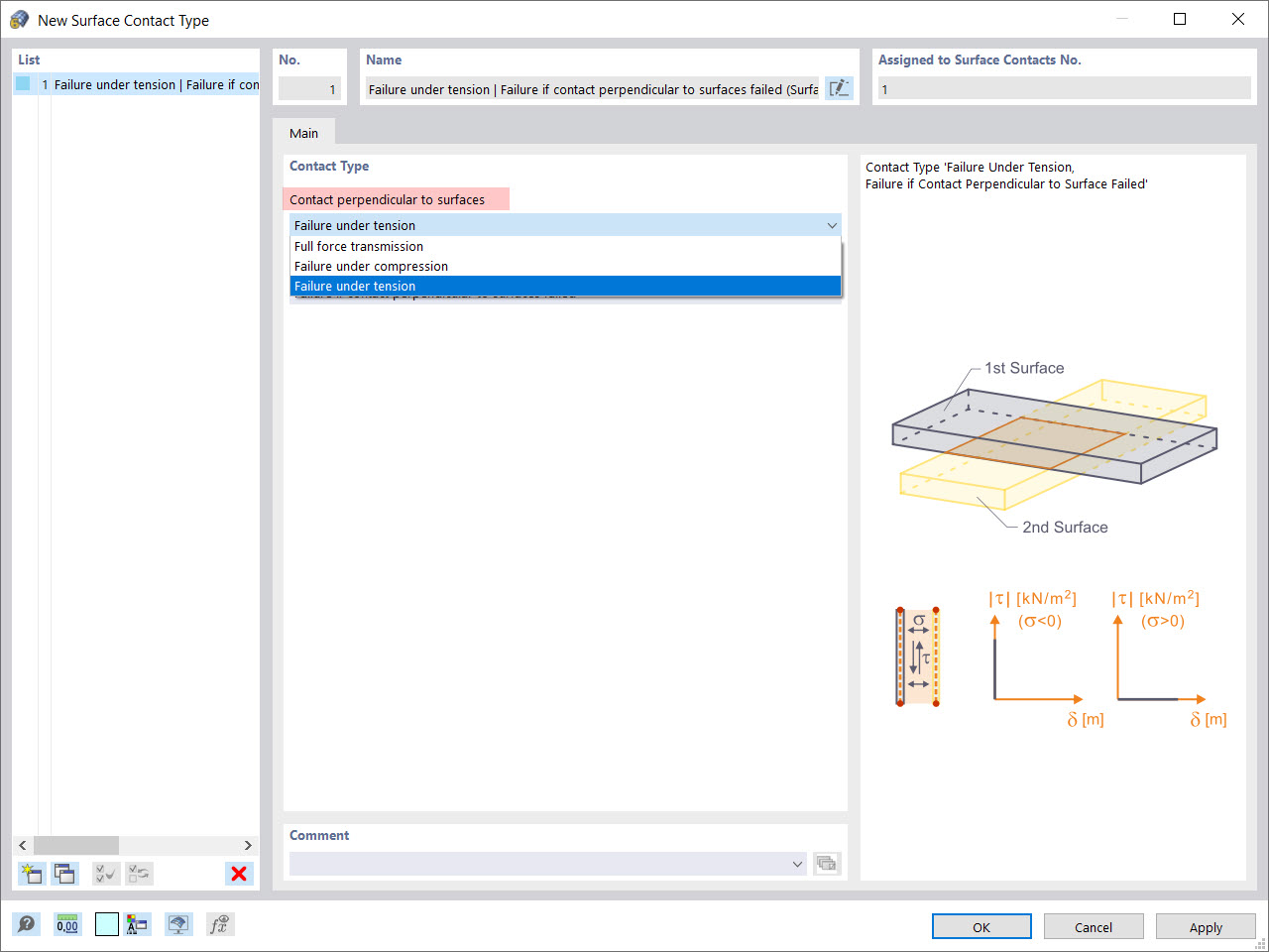 Dialog Box “New Surface Contact Type”: Contact Perpendicular to Surfaces