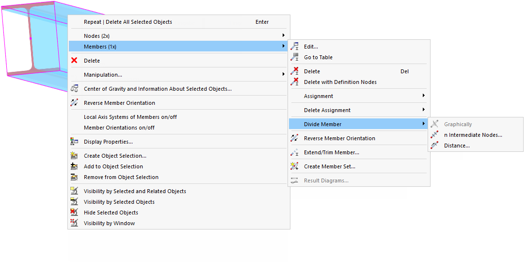 Dividing Member via Shortcut Menu