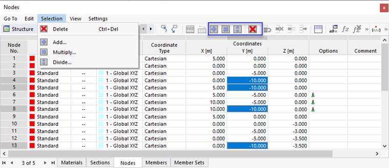 Selected Cells and Editing Functions via Menu and Buttons