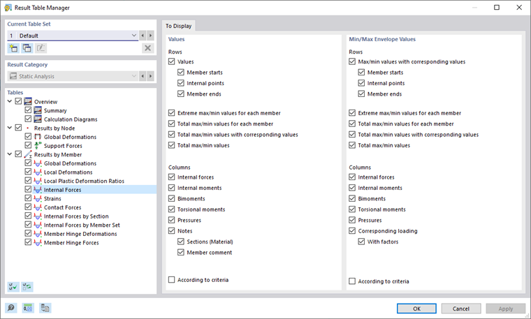 Dialog Box "Result Table Manager"