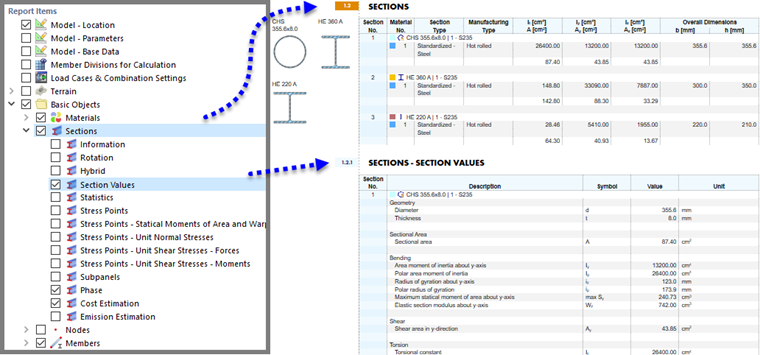 Selected Report Items (Left) and Chapter Content (Right)