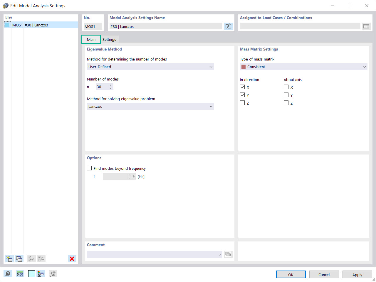 Modal Analysis Settings: Main
