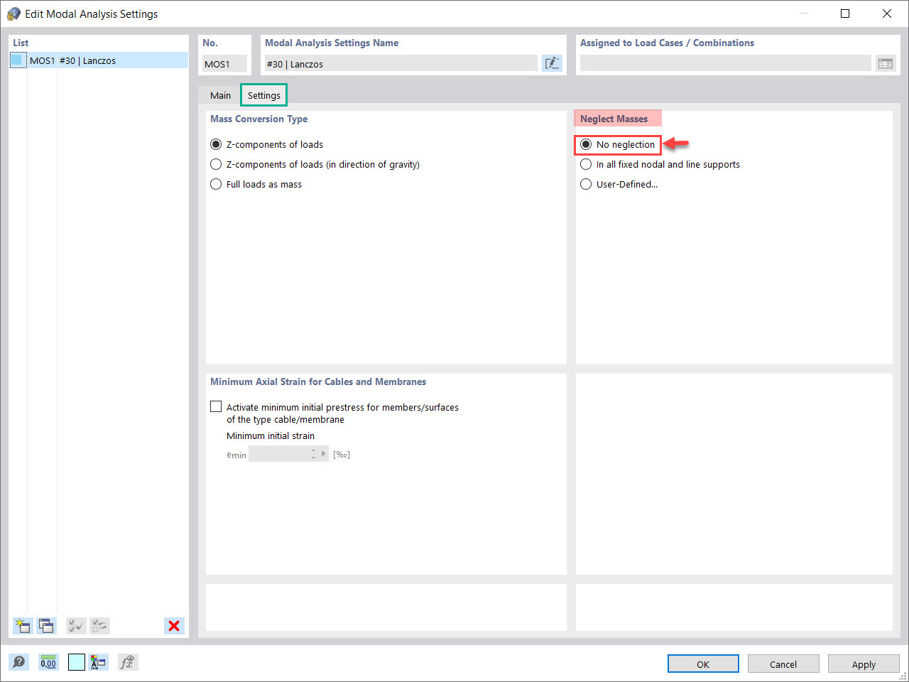 Modal Analysis Settings: Settings