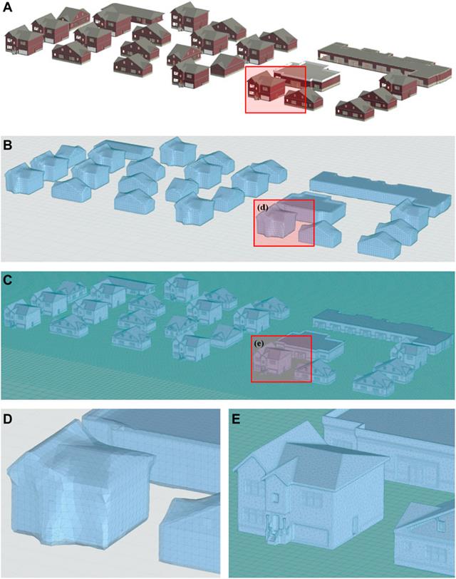Community-level geometry generation for buildings (A) BIM model of the community; (B) Low-resolution geometry; (C) High-resolution geometry; (D–E) Close-up views on buildings showing the size of the mesh used to generate the geometry