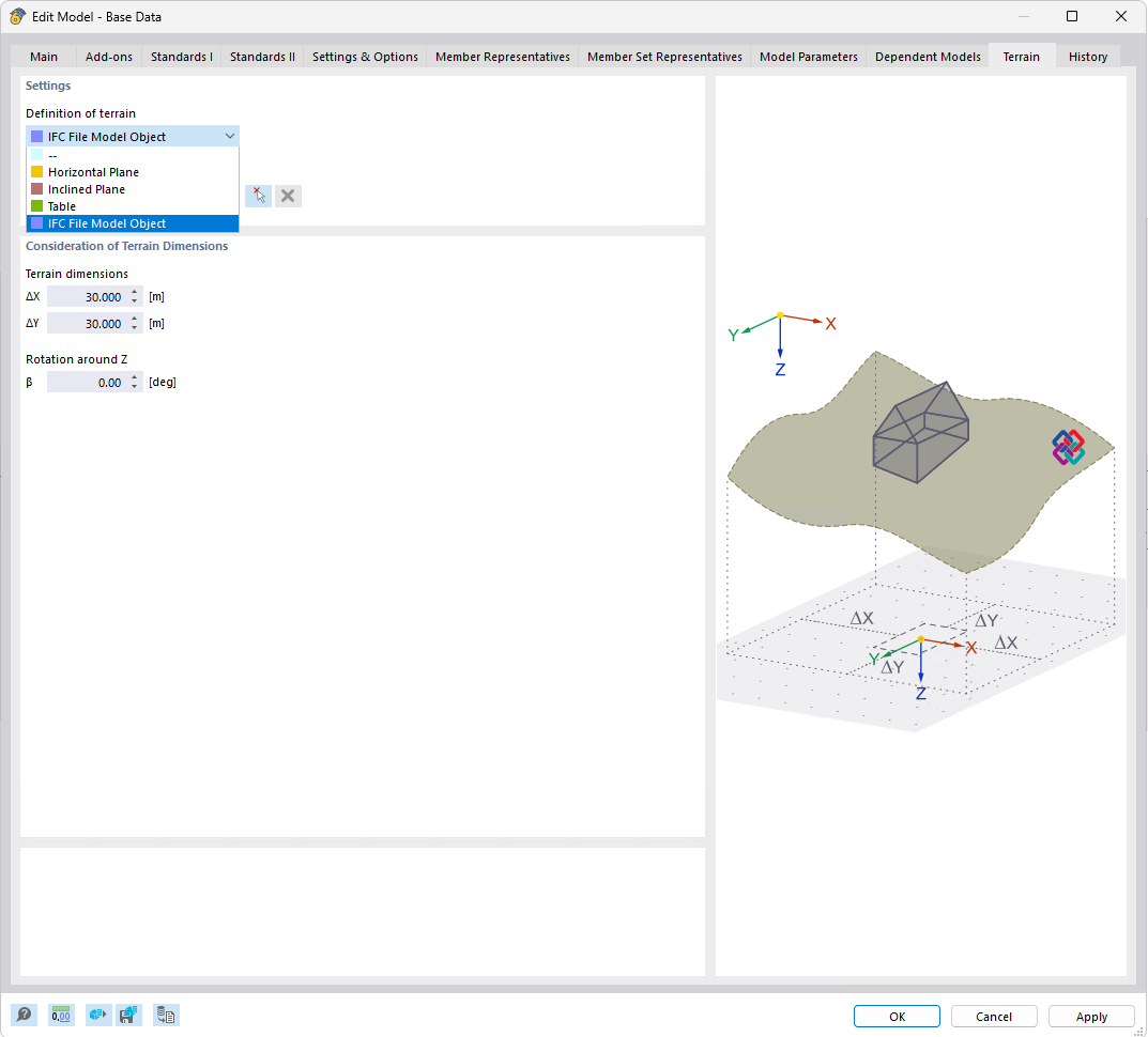 Terrain tab in Basa data dialog