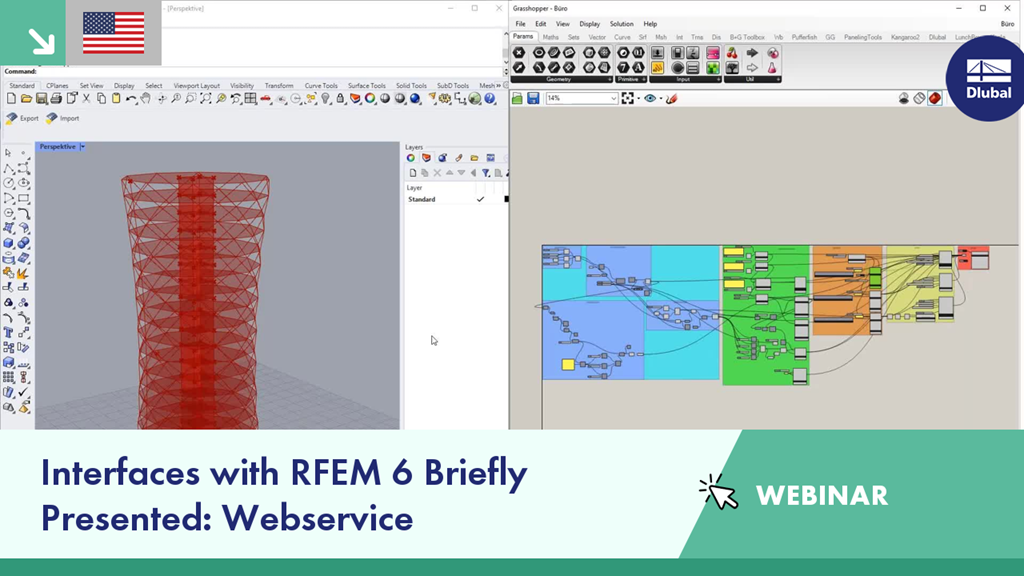 Interface presentation highlighting Webservice with Rhino and Grasshopper integration in an expert webinar session with visual aids.