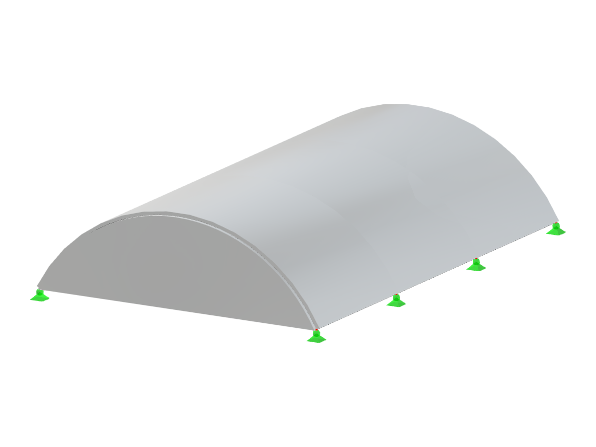 Structural analysis of a barrel vault with diaphragm, using height-radius geometry.
