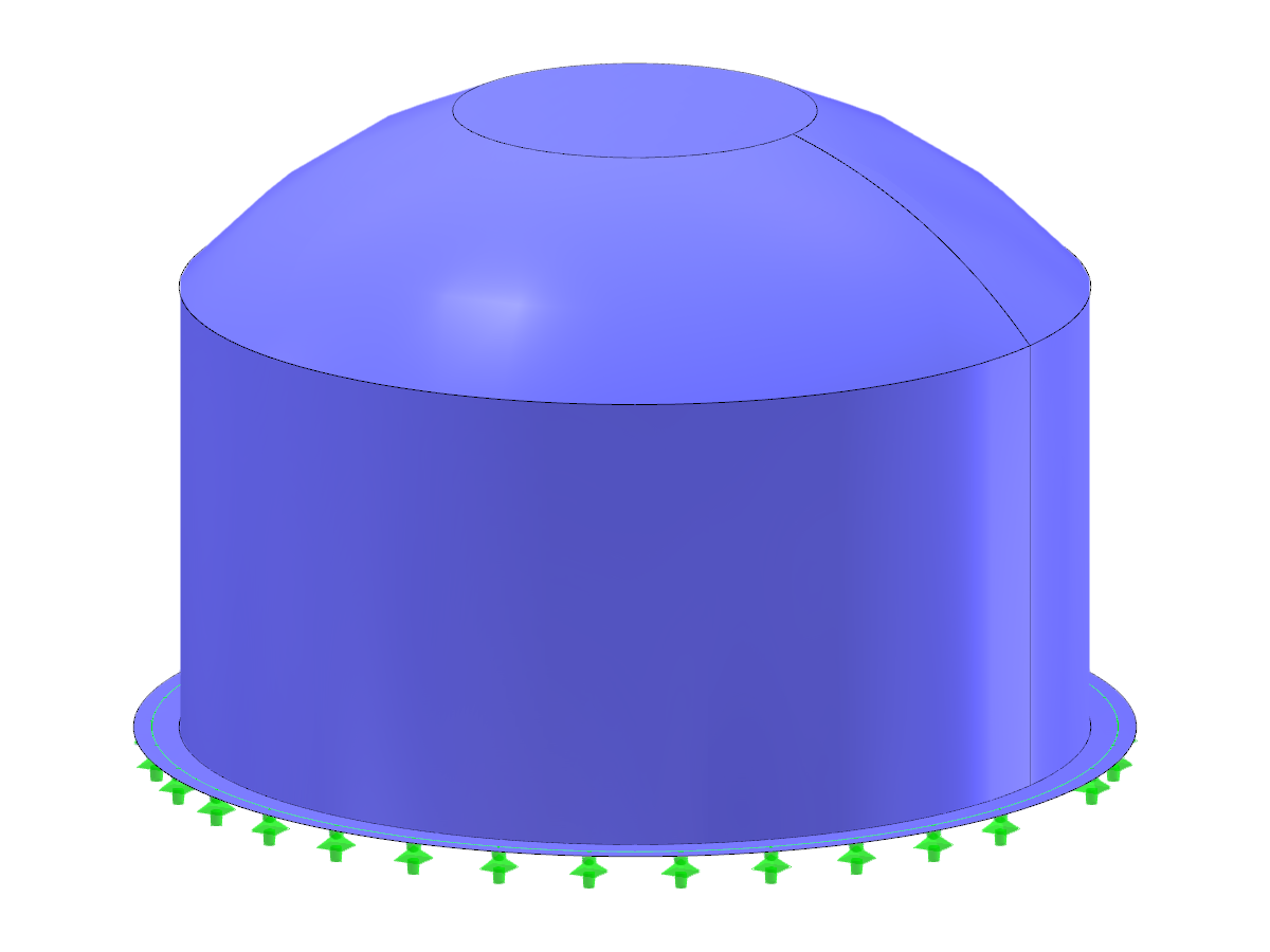 Circular steel silo featuring a spherical roof section in a detailed structural design.