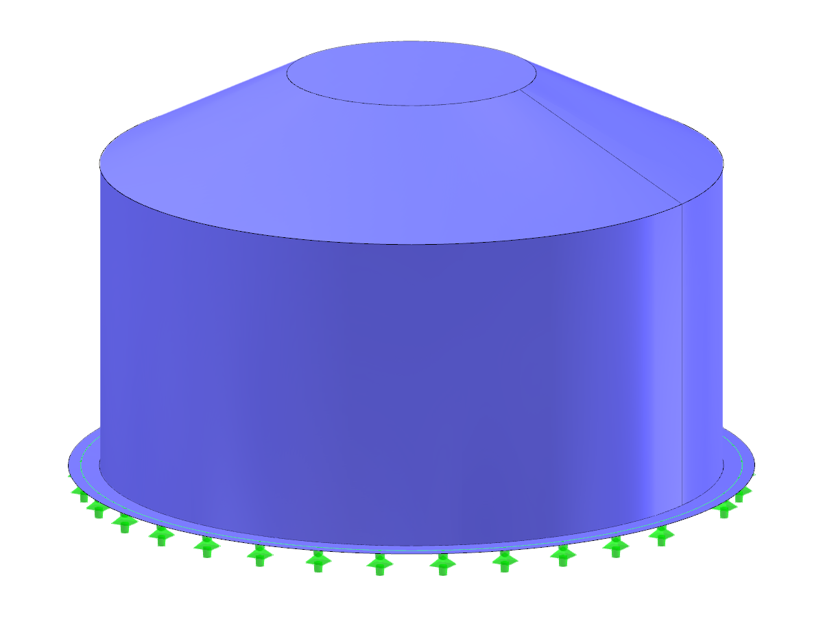 A steel silo with a circular plan and a truncated cone roof, designed for storage purposes.