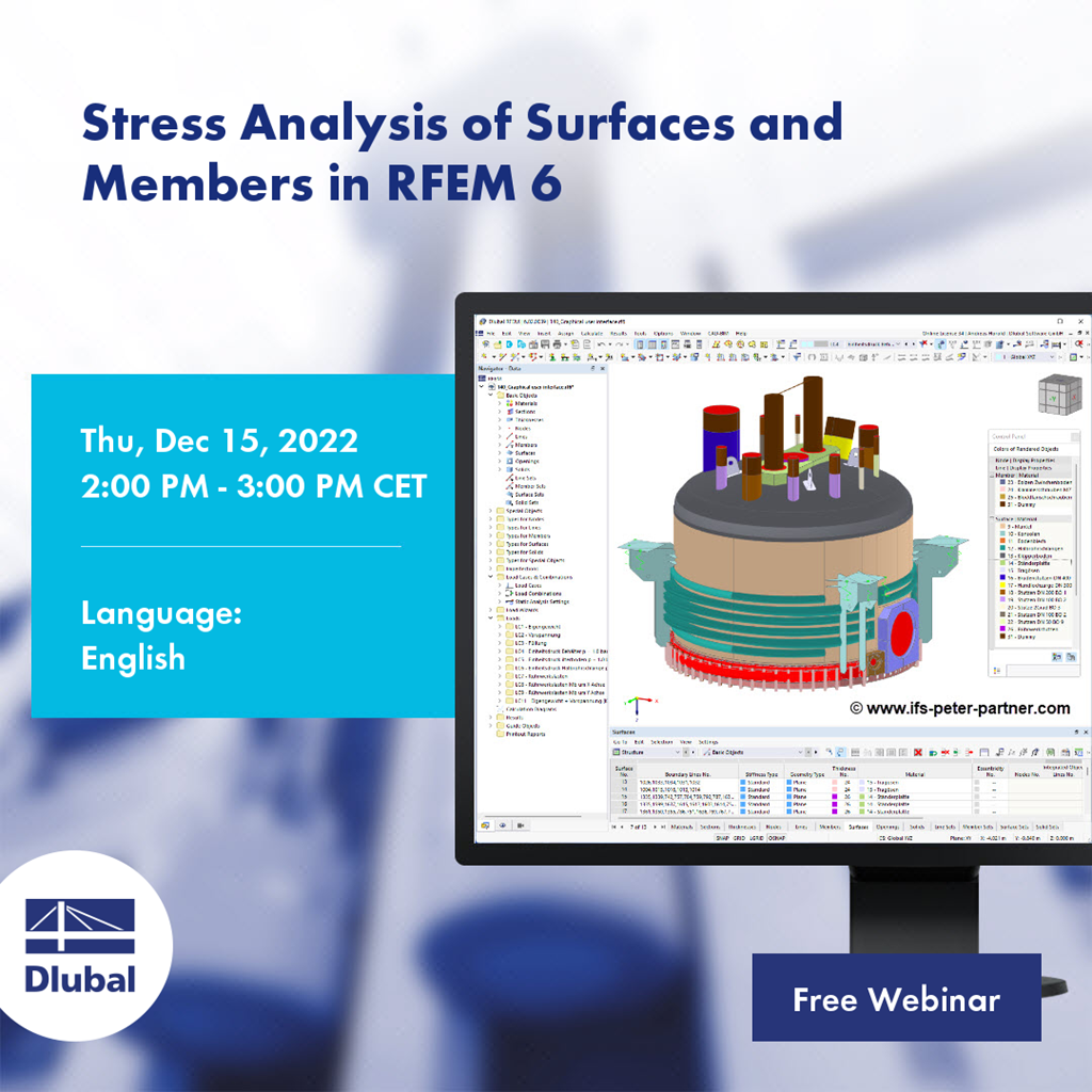 Displaying stress distribution on complex surfaces and structural members in the RFEM 6 software interface.