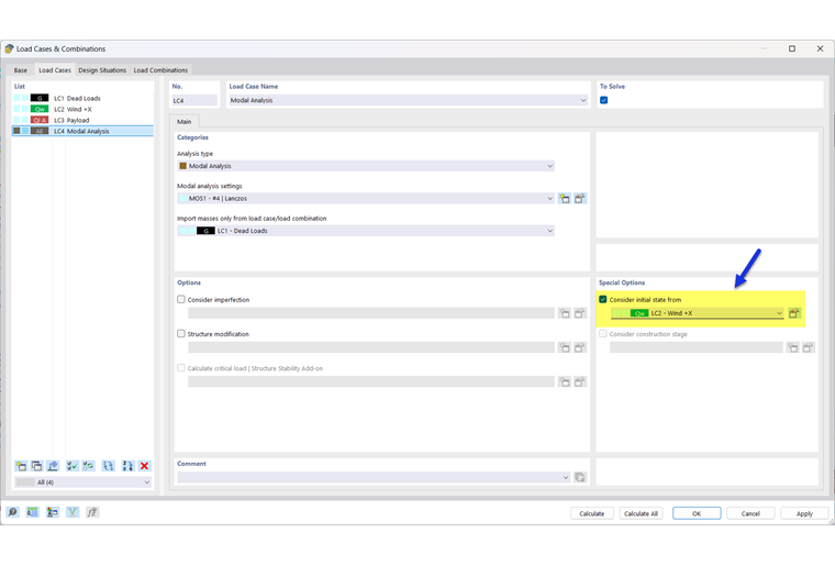 Considering Initial State for Modal Analysis Load Case